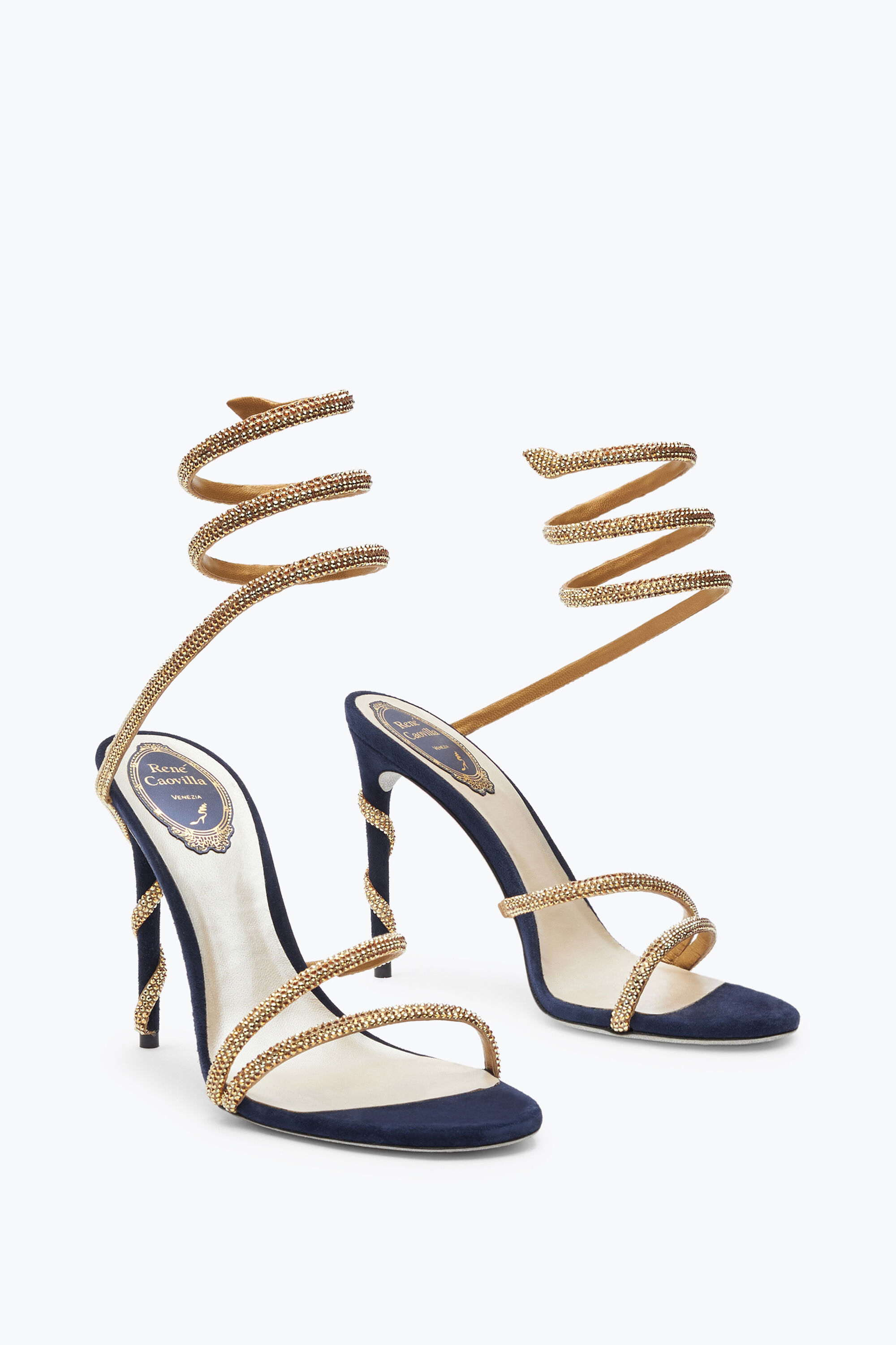 Jeweled Margot Crystal Blue-Gold Sandal 105 | Rene Caovilla®