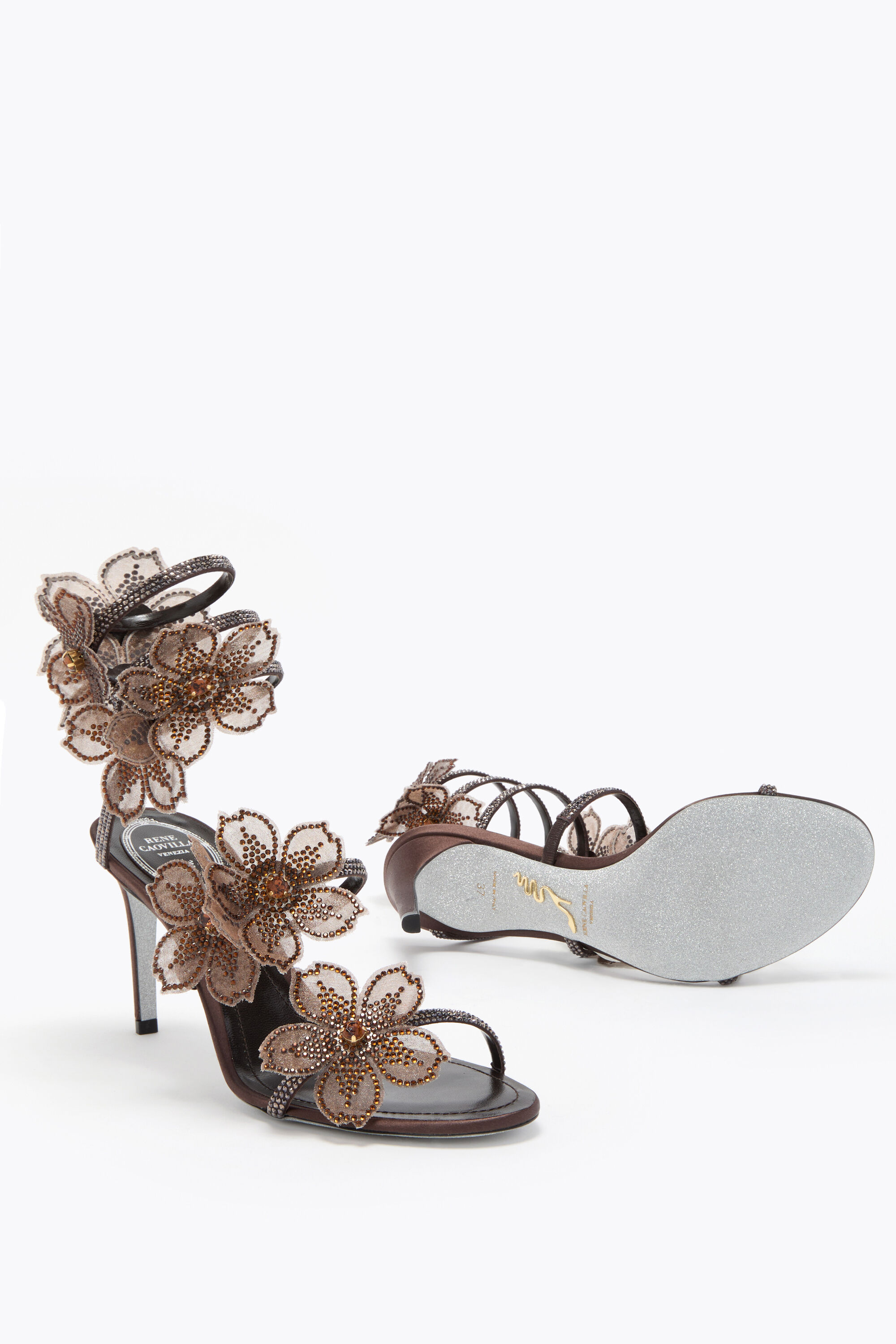 Jeweled PEACH FLOWER CHOCOLATE SANDAL 80 | Rene Caovilla®