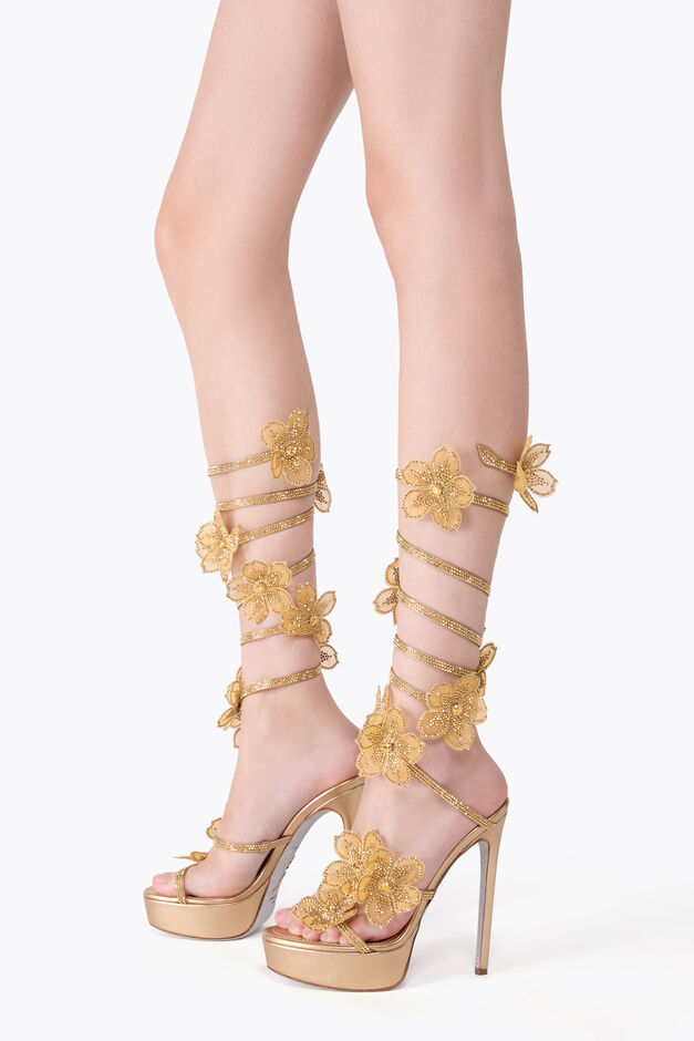 SUPER PEACH FLOWER GOLD PLATFORM SANDAL 130