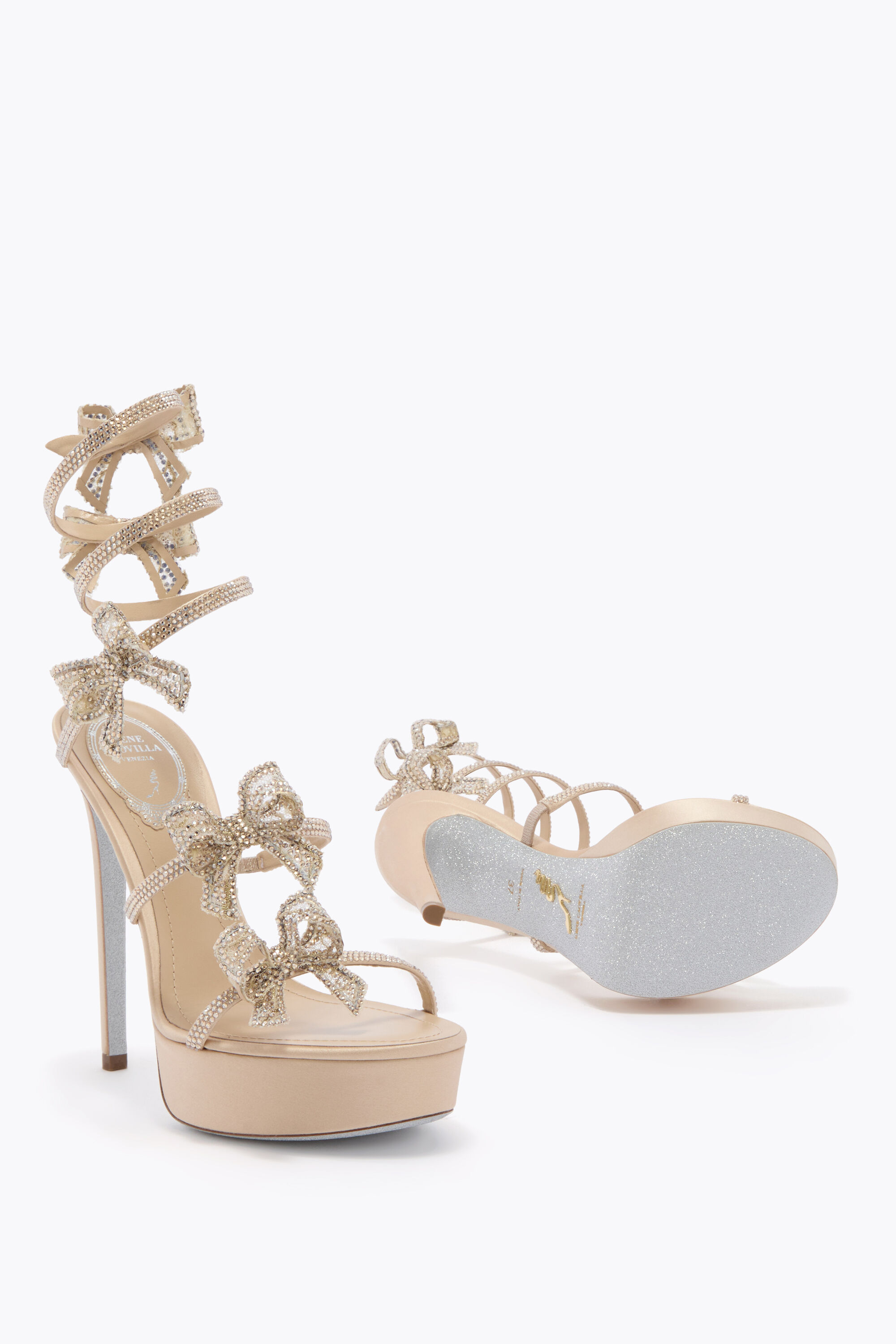 Jeweled CLEO RIBBON CHAMPAGNE PLATFORM SANDAL 130 | Rene Caovilla®