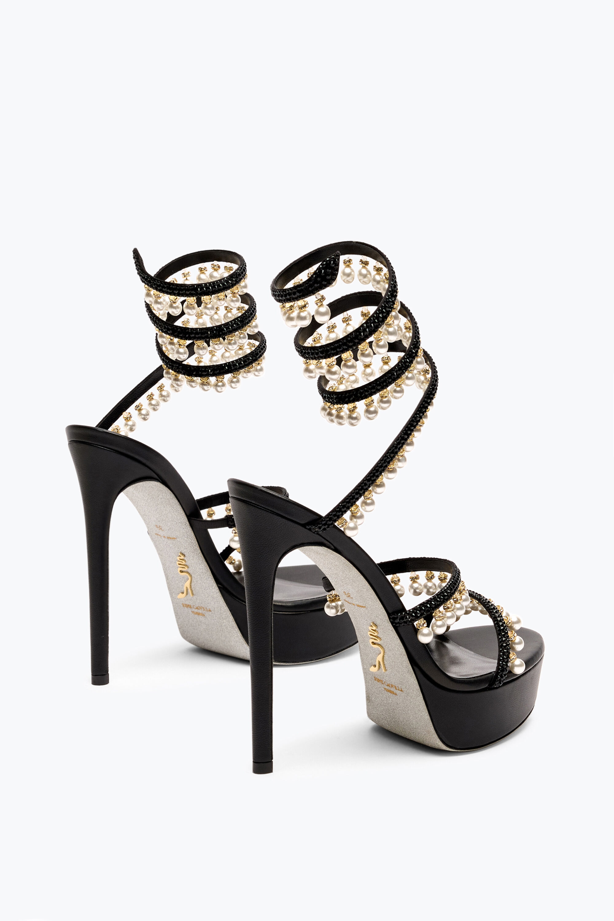 【本物保証】 Jeweled CHANDELIER 130 PEARLS WITH SANDAL PLATFORM BLACK 靴