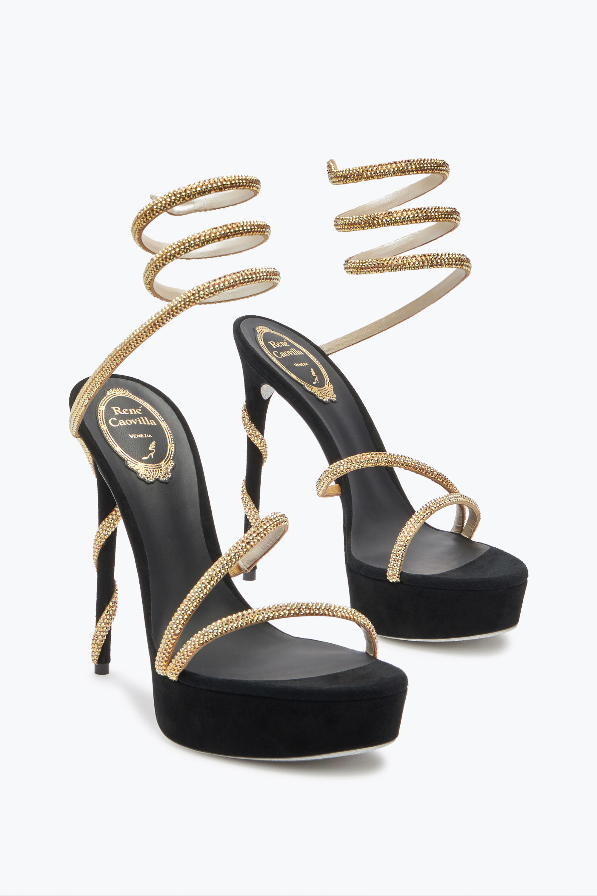Margot Crystal Black Gold Platform Sandal 130 Sandals in Black for