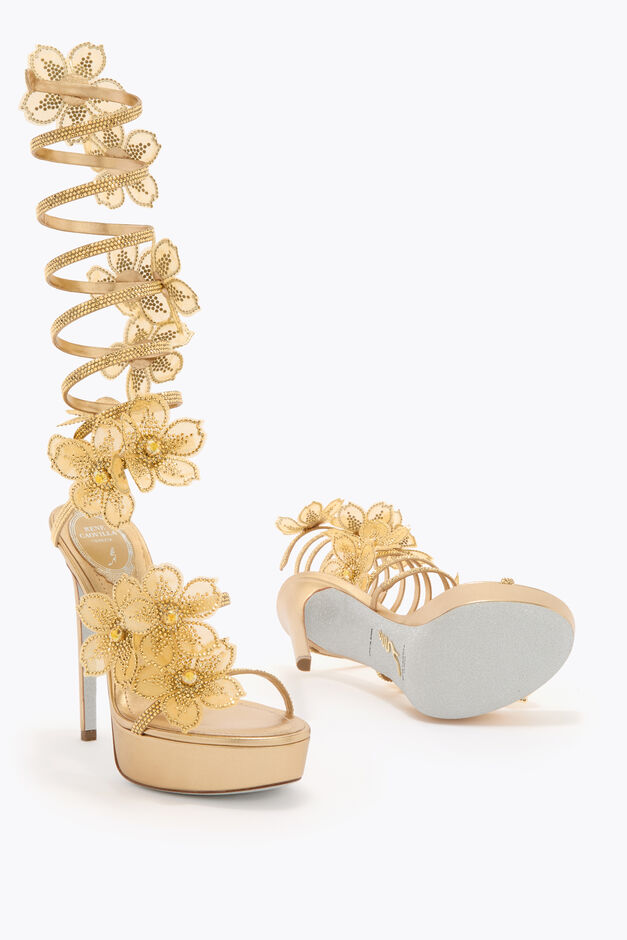 SUPER PEACH FLOWER GOLD PLATFORM SANDAL 130