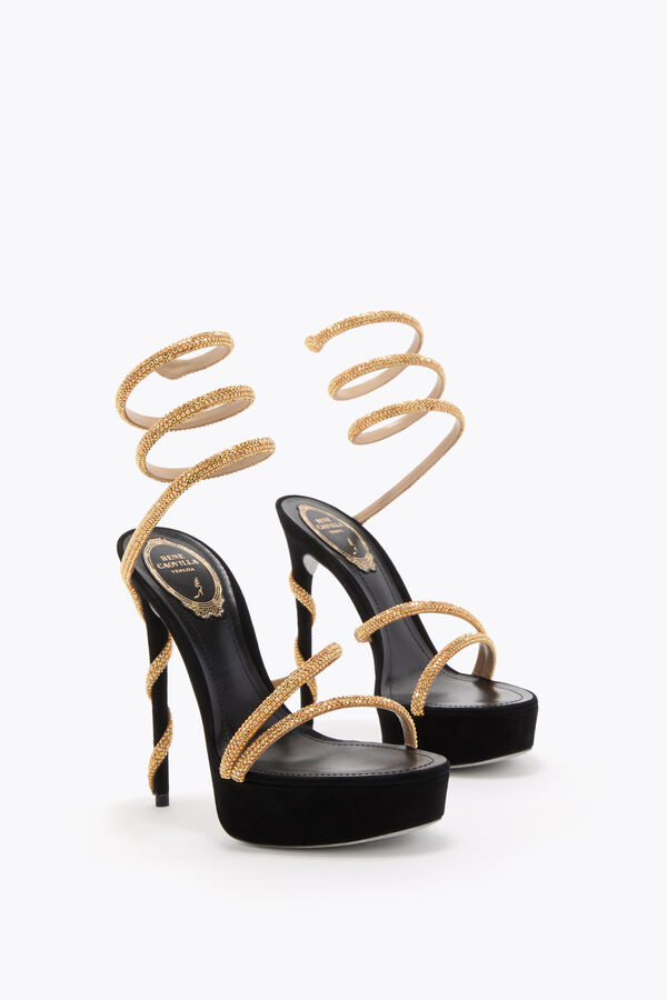 MARGOT BLACK AND GOLD PLATFORM SANDAL 130