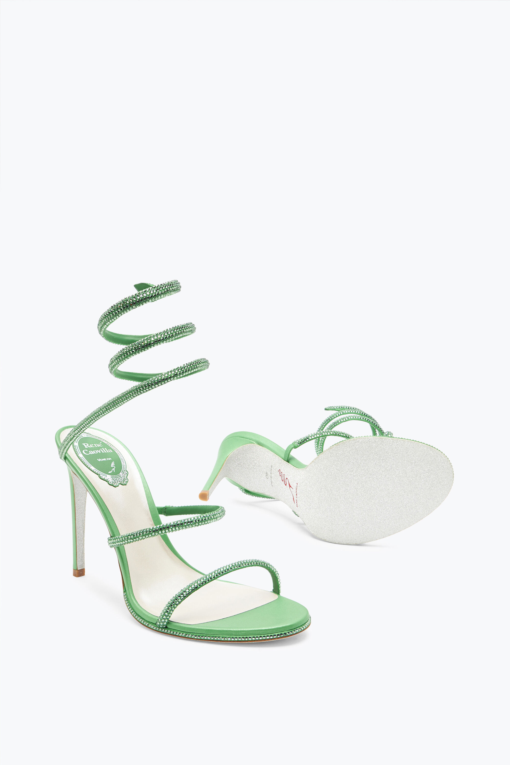 Jeweled Cleo Mint Green Sandal With Crystals 105 Rene Caovilla