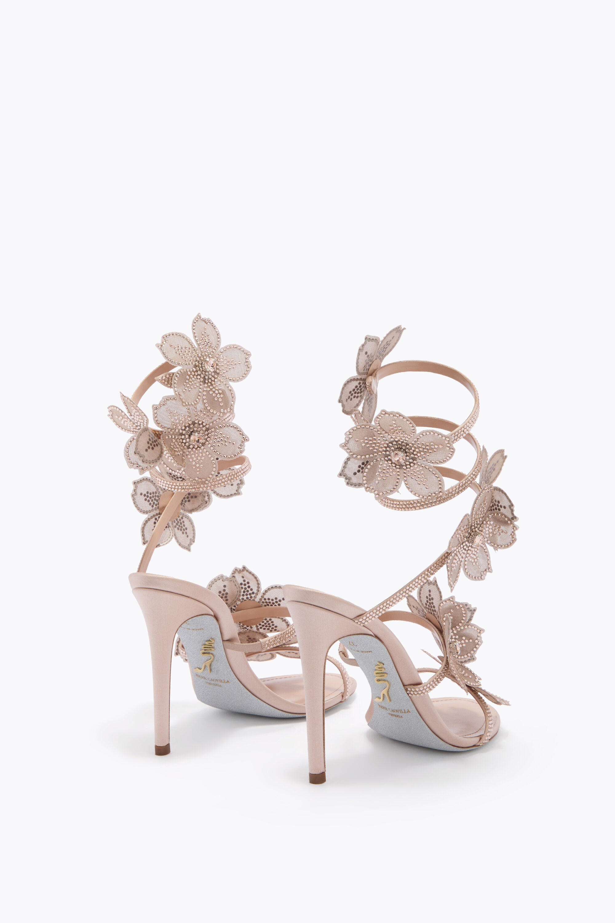 ラグジュアリーローゼ、リュクスサンフラワー、オートクチュールミラー Jeweled PEACH FLOWER BLUSH PINK SANDAL 105 | Rene Caovilla®