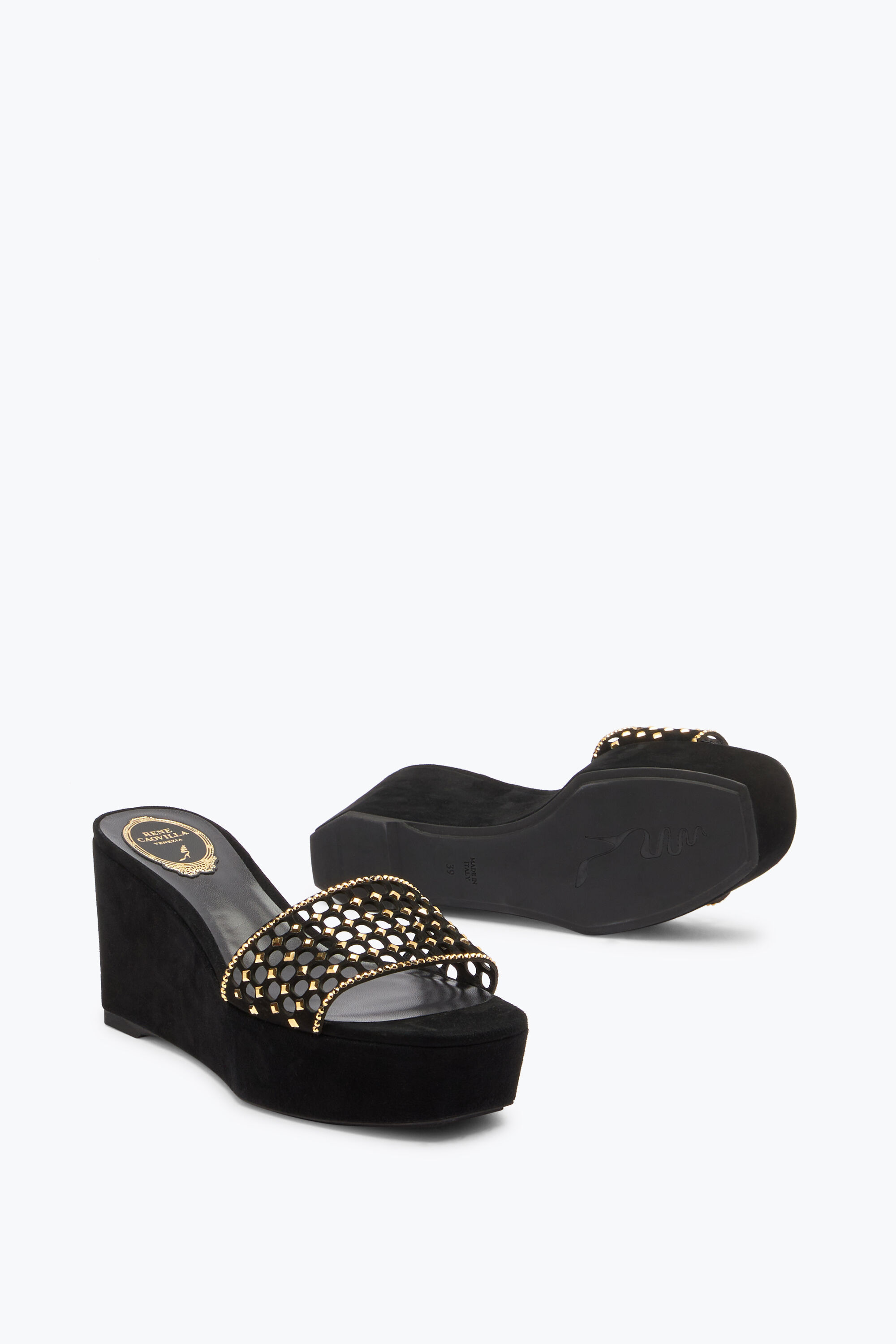Jeweled Ginger Black And Gold Wedge 75 Rene Caovilla