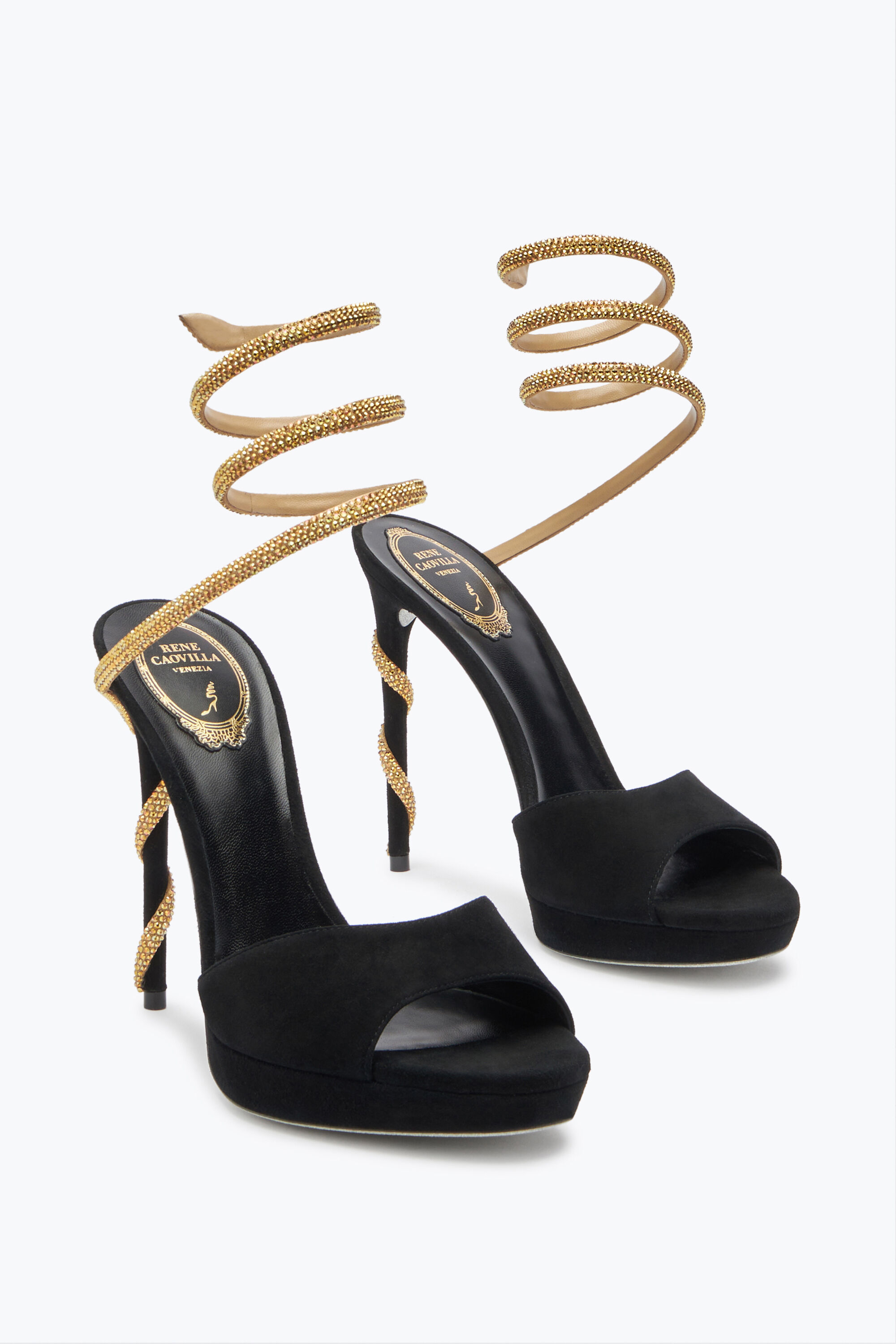 Jeweled Margot Black Suede And Gold Platform Sandal 120 Rene Caovilla