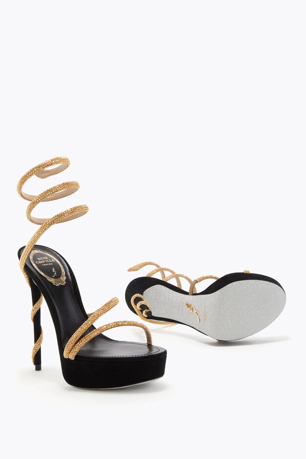 MARGOT BLACK AND GOLD PLATFORM SANDAL 130