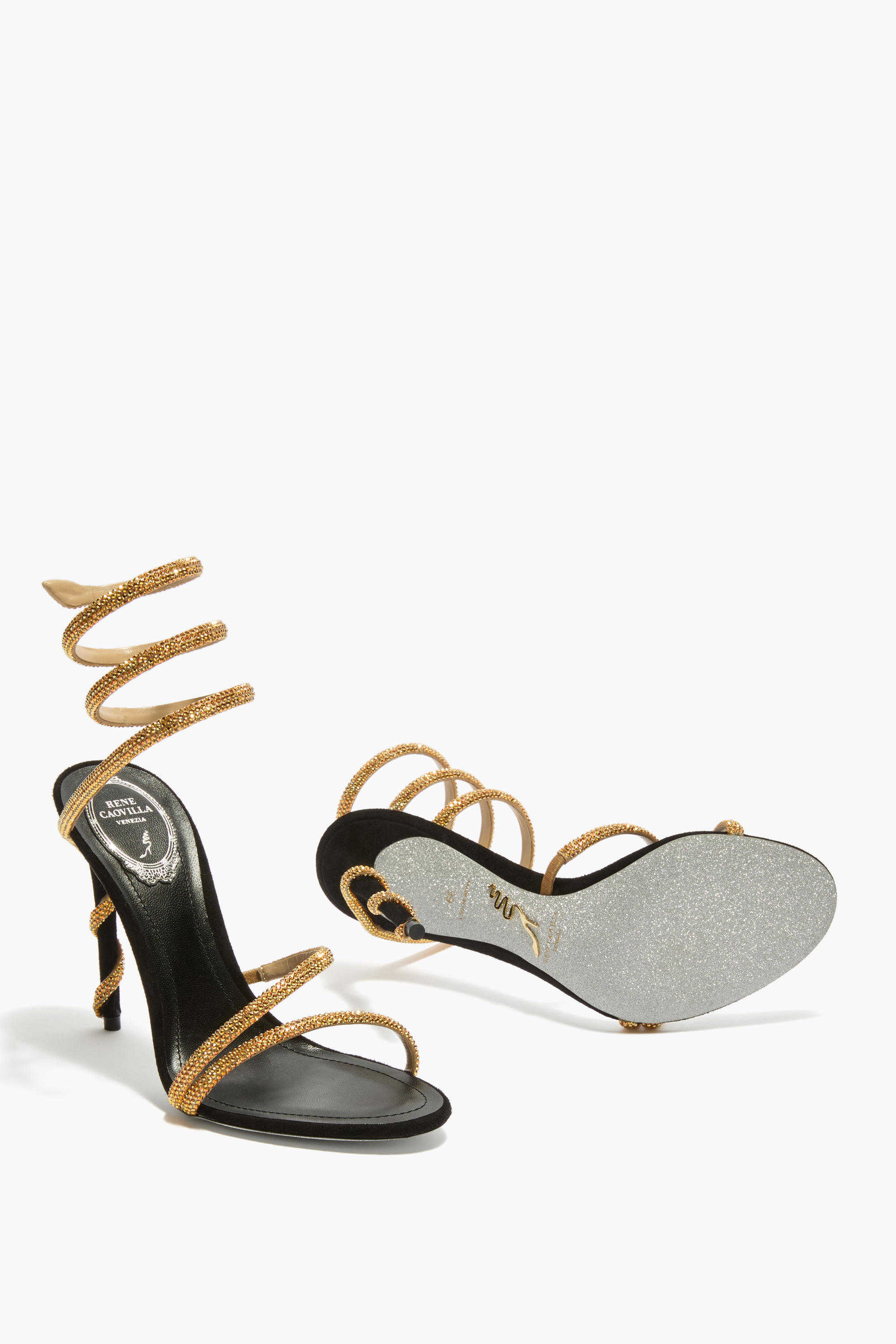 René Caovilla Crystal-embellished Stiletto Sandals With Spiraled Strap In Black