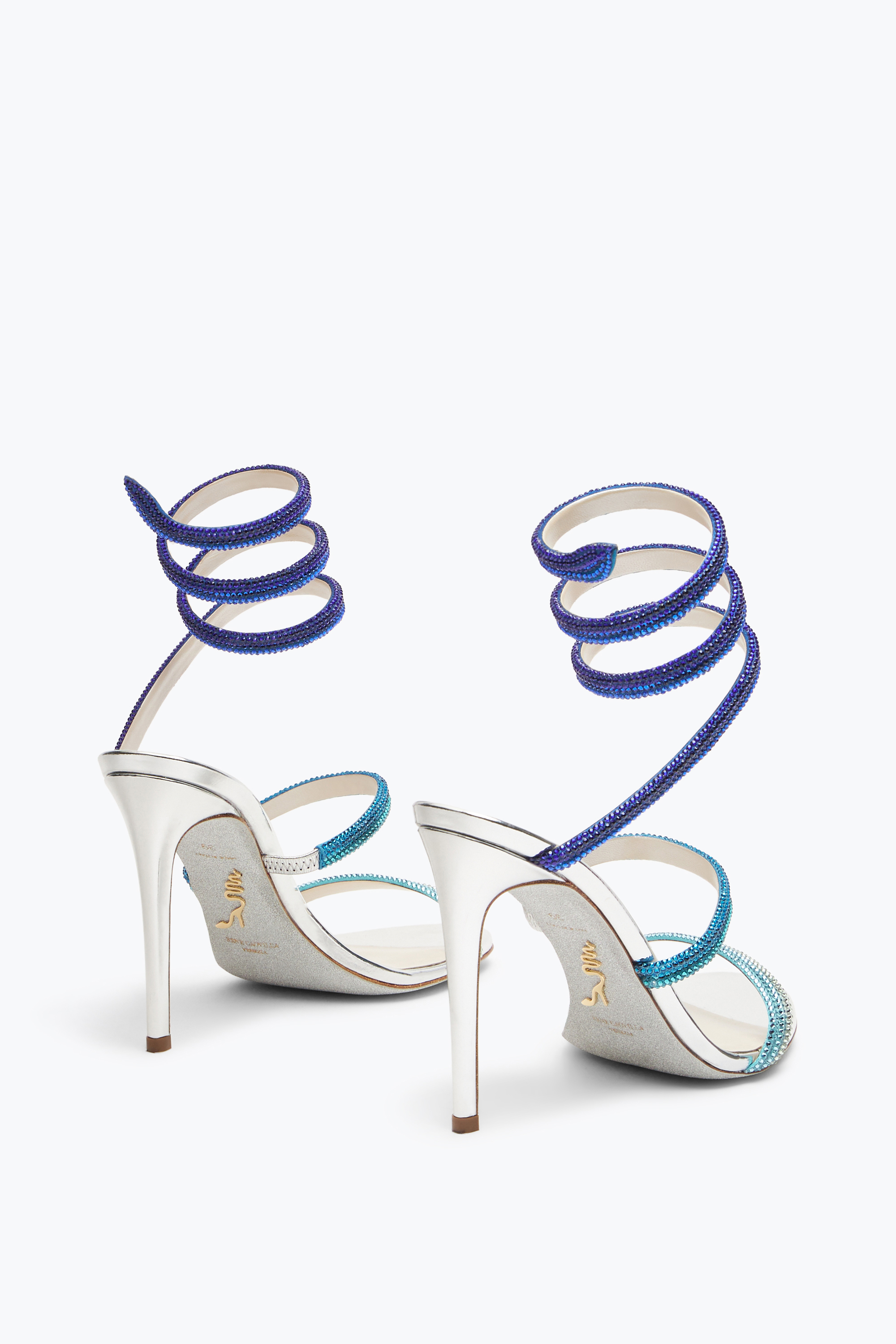 René Caovilla Cleo Silver Sandal With Blue Degradé Crystals 105