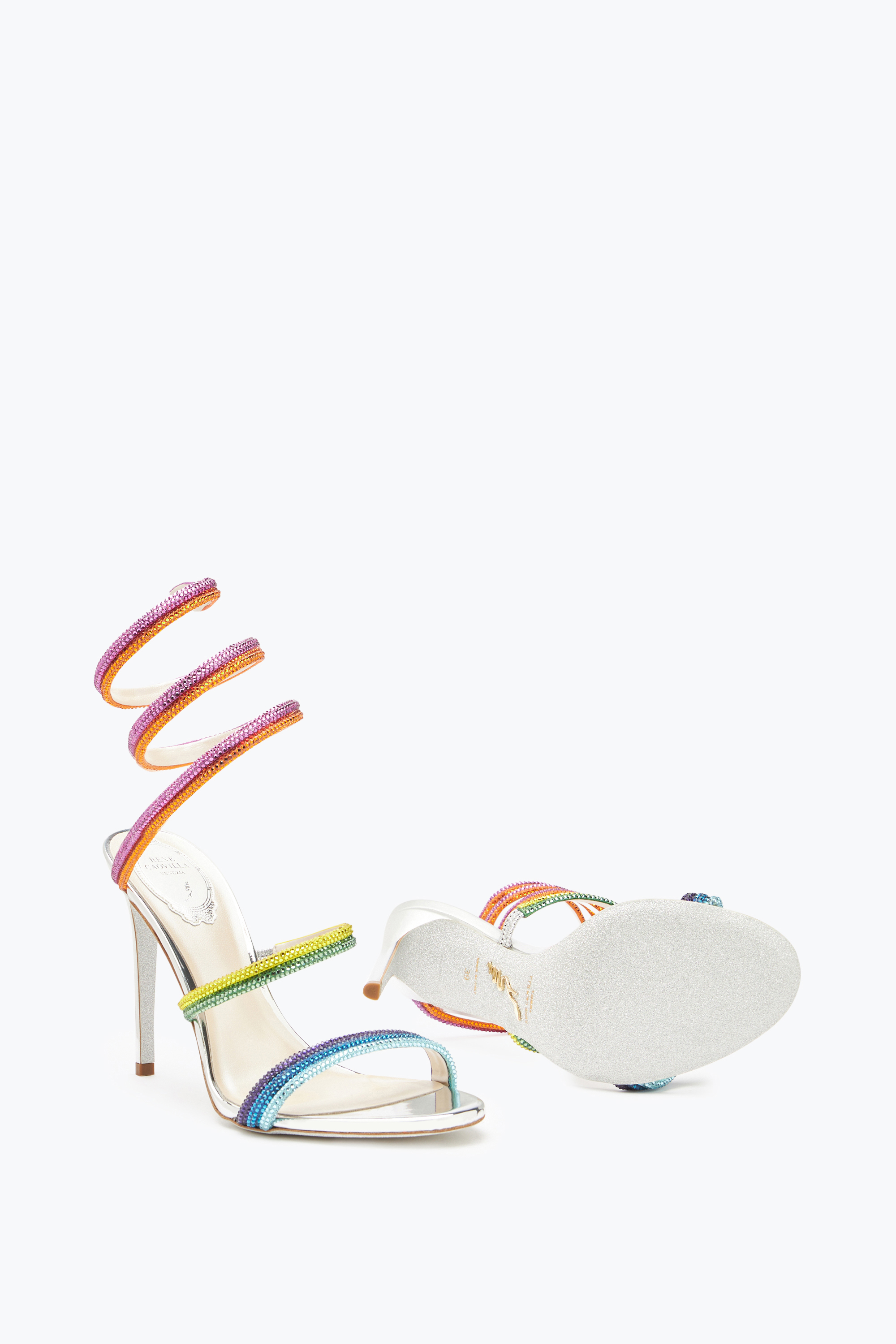 René Caovilla Rainbow Silver Sandal With Multicolored Crystals 105