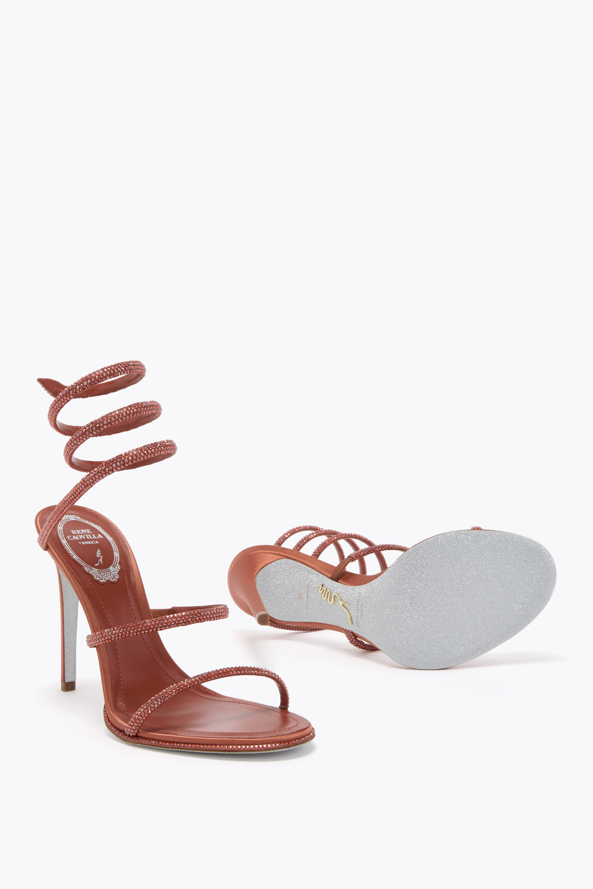 René Caovilla Cleo Rust Satin/red Flame Strass Sandal In Multi
