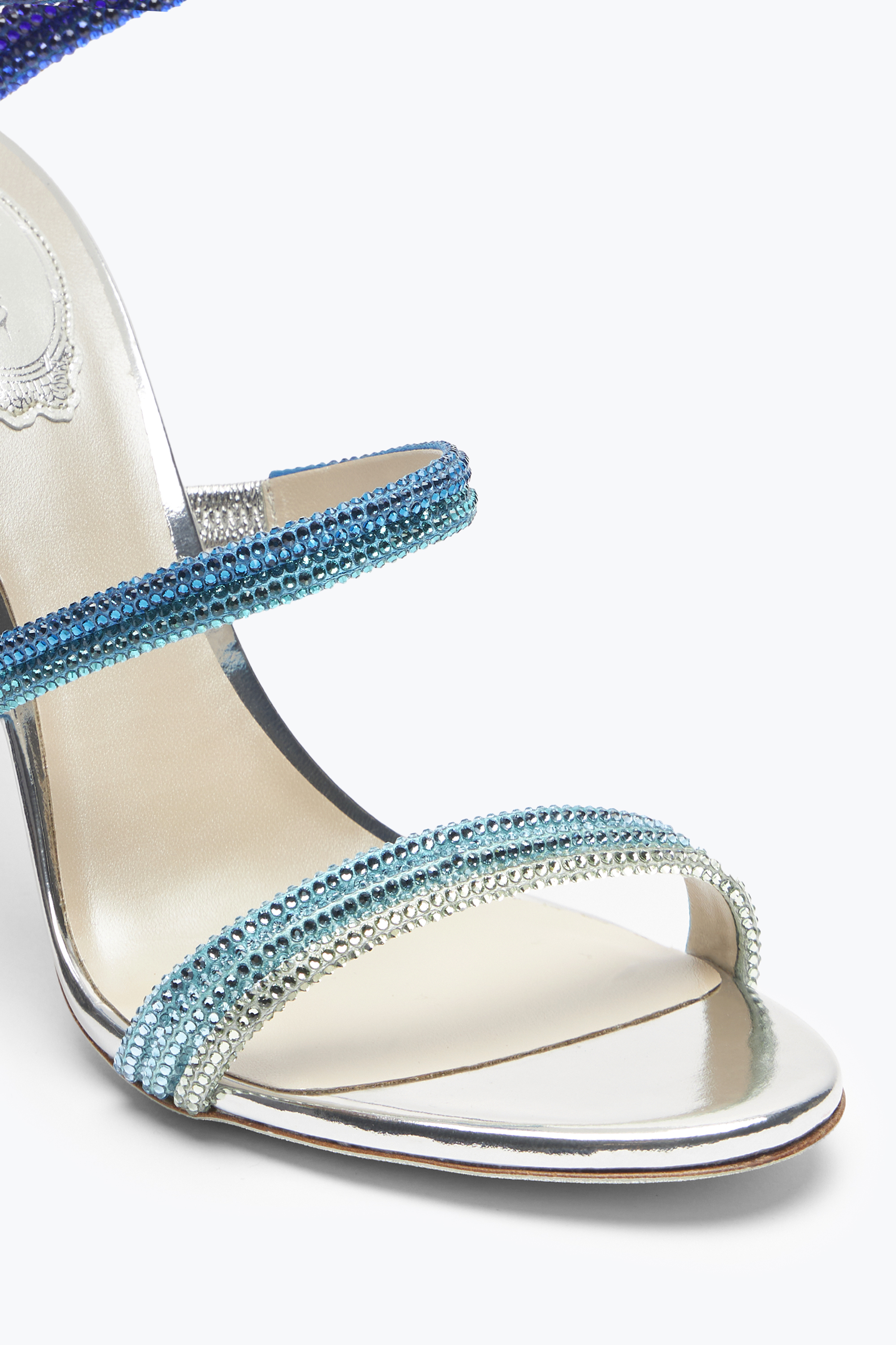 René Caovilla Cleo Silver Sandal With Blue Degradé Crystals 105