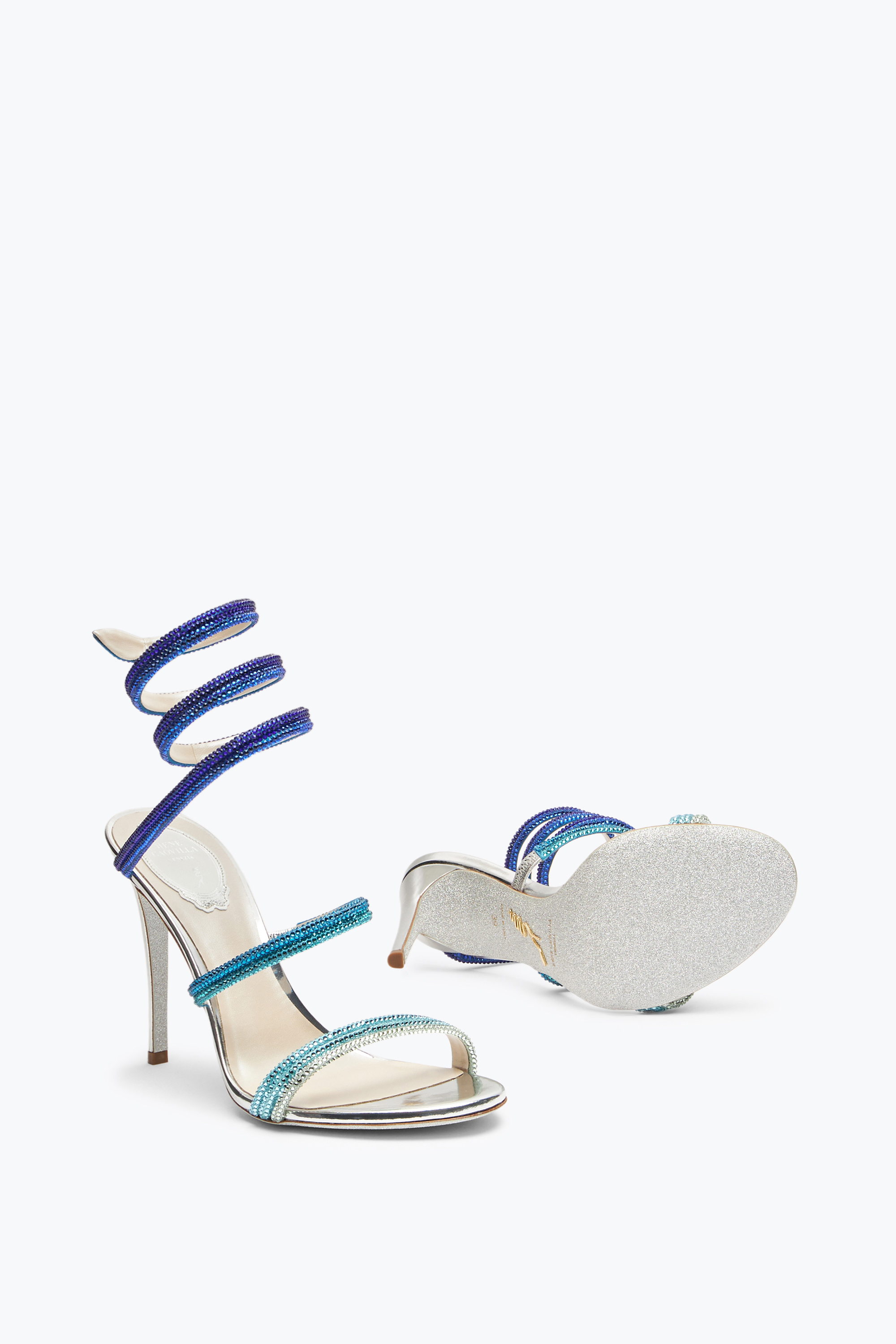 René Caovilla Cleo Silver Sandal With Blue Degradé Crystals 105