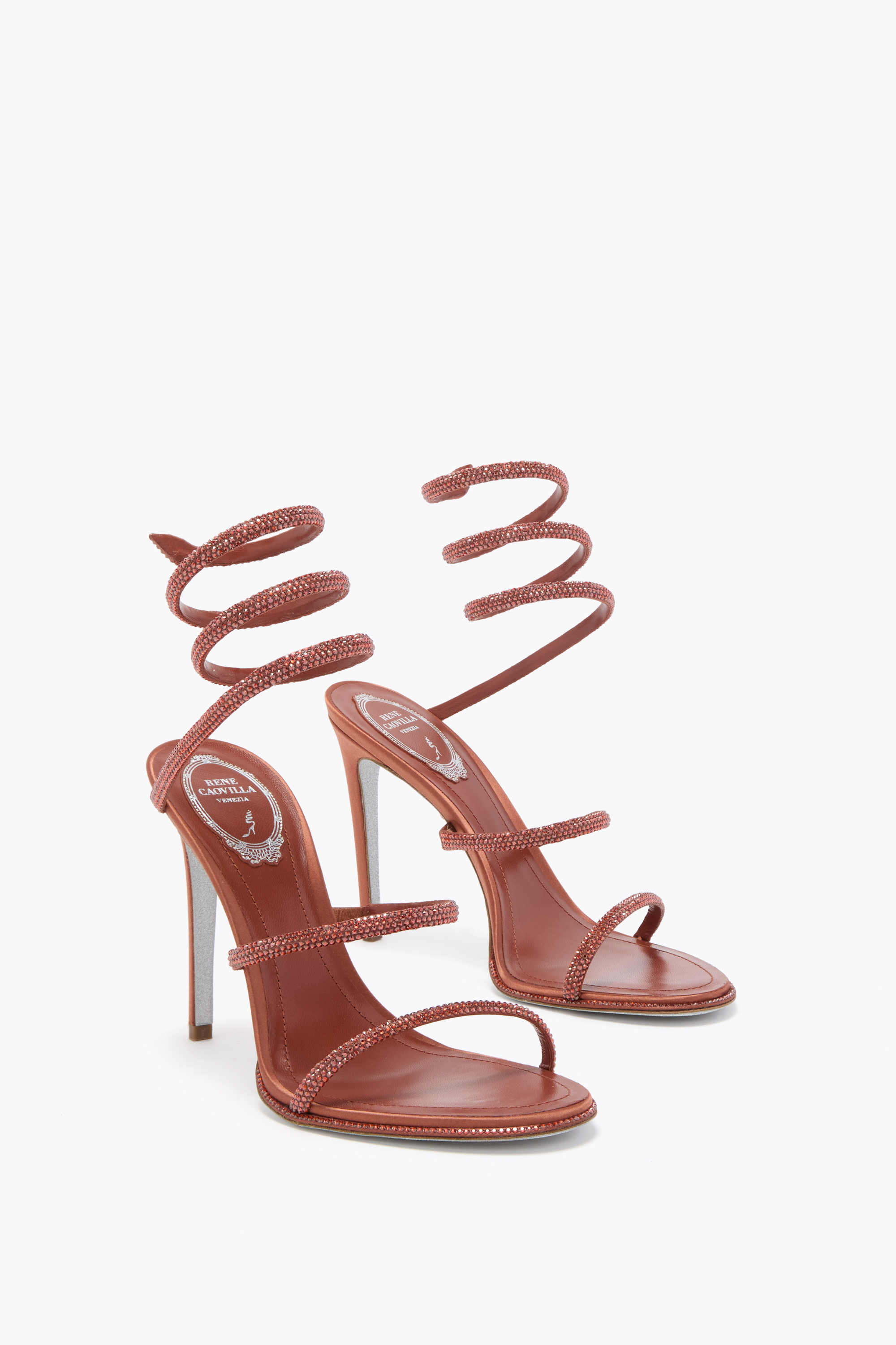 René Caovilla Cleo Rust Satin/red Flame Strass Sandal In Multi